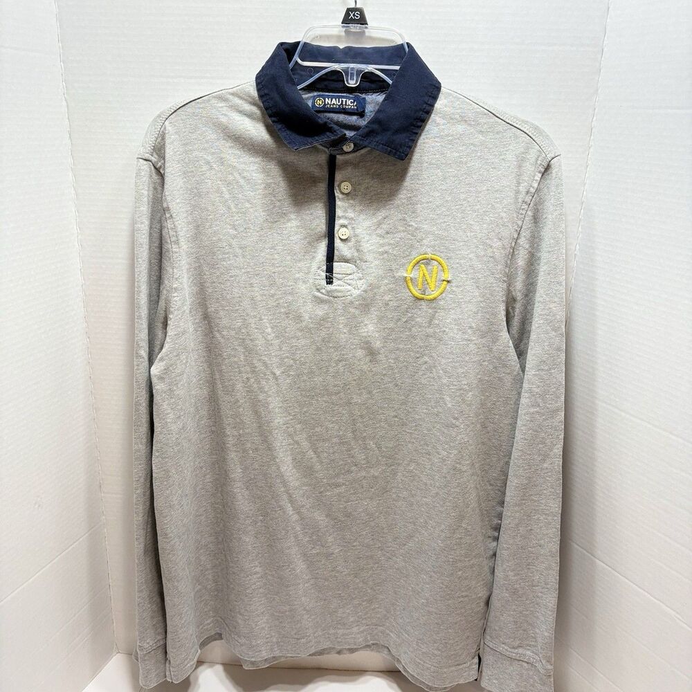 Nautica Jeans Co Mens S Long Sleeve Polo Shirt Gray Big Logo Spellout 99